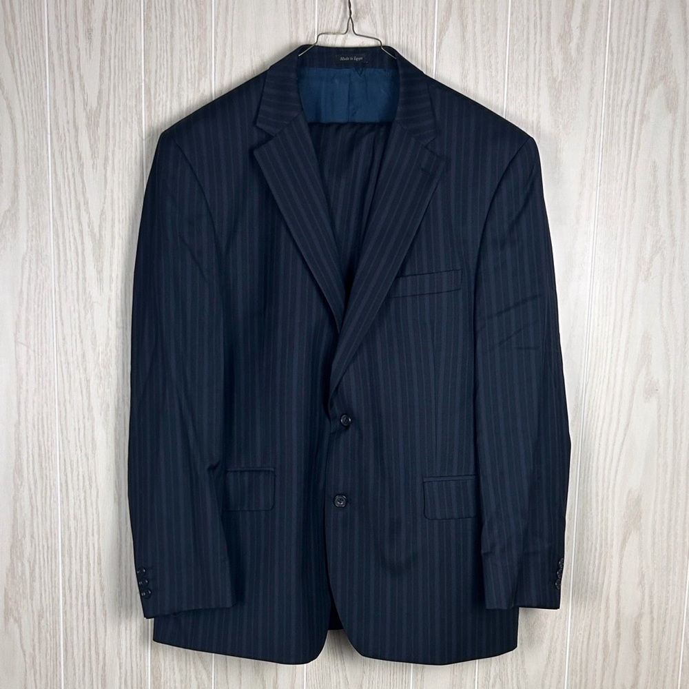 Alexandre London Men's 2 Piece Navy Striped Wool Business Suit